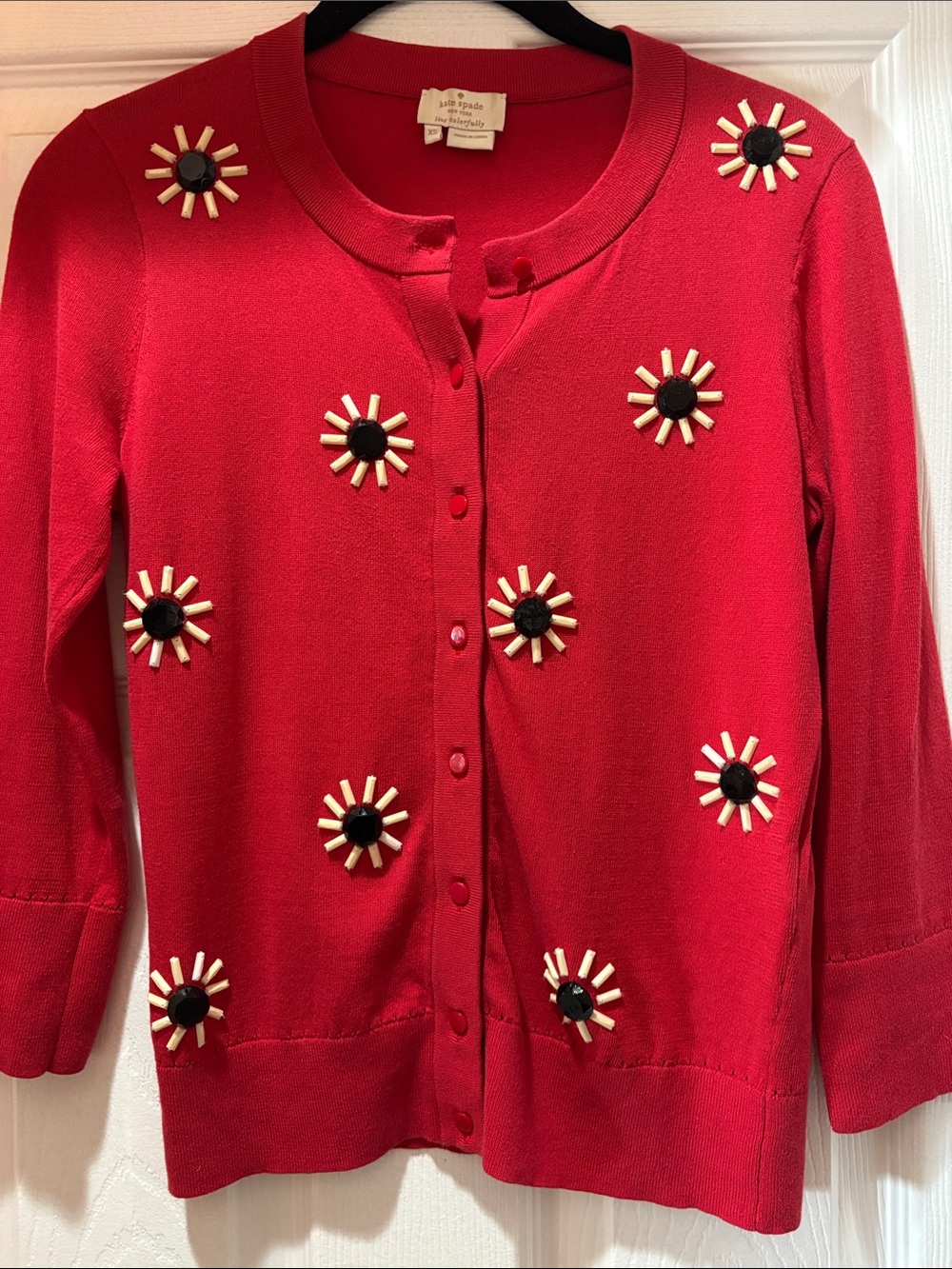 kate spade red daisy-embellished button-front cardigan